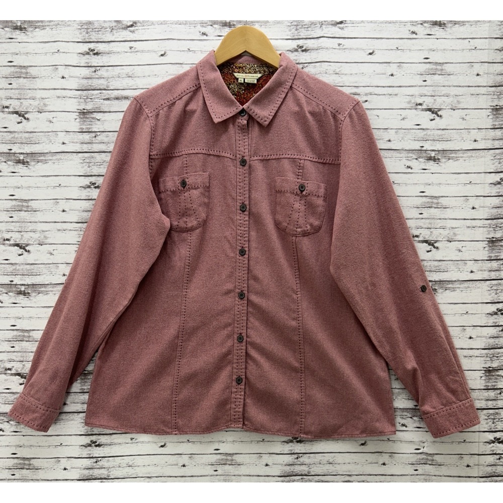 Royal Robbins Flannel Shirt Women's XL Pink Western Floral Roll Tab Long Sleeve